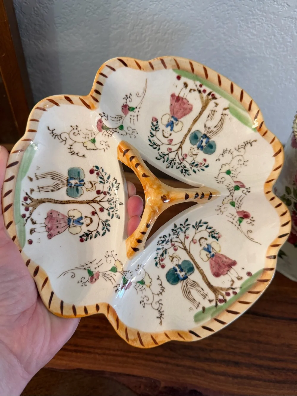 Mid-Century Hand-Painted Cream Ceramic 3-Section Serving Dish - Japan